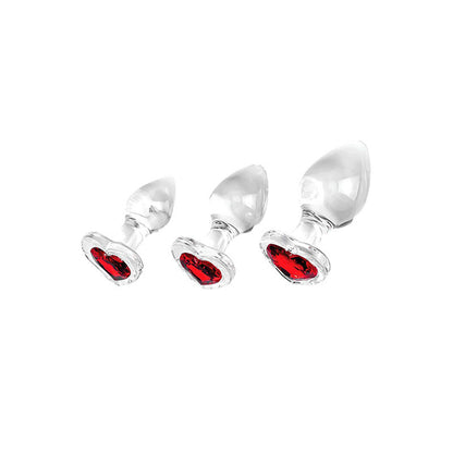 Adam & Eve RED HEART GEM GLASS PLUG SET - Glass Butt Plugs - Set of 3 Sizes