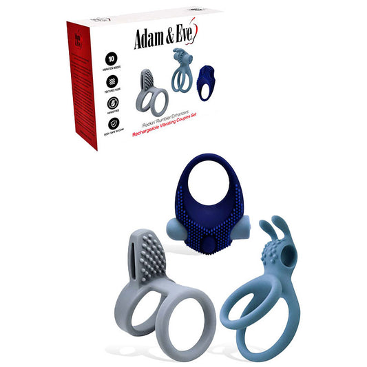 Adam & Eve ROCKIN RUMBLER ENHANCERS - Silicone Cock Rings with Rechargeable Vibrating Bullet - Set of 3