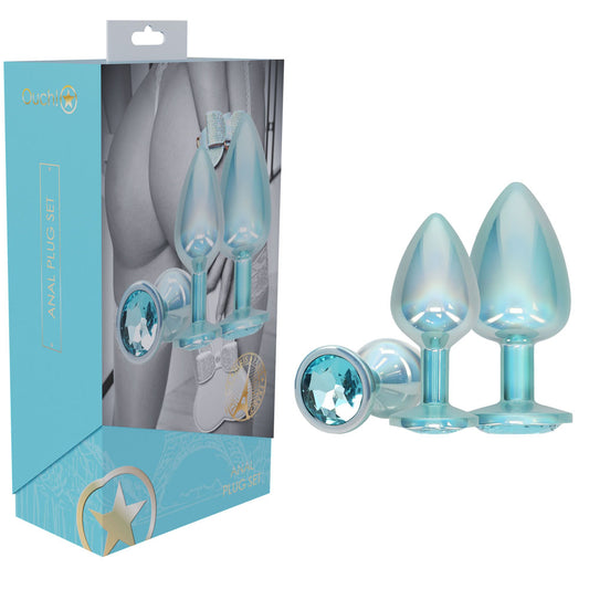 OUCH! Paris Collection - Metal Anal Plug Set - Metallic Butt Plugs with Gem Bases - Set of 3 Sizes – Blue