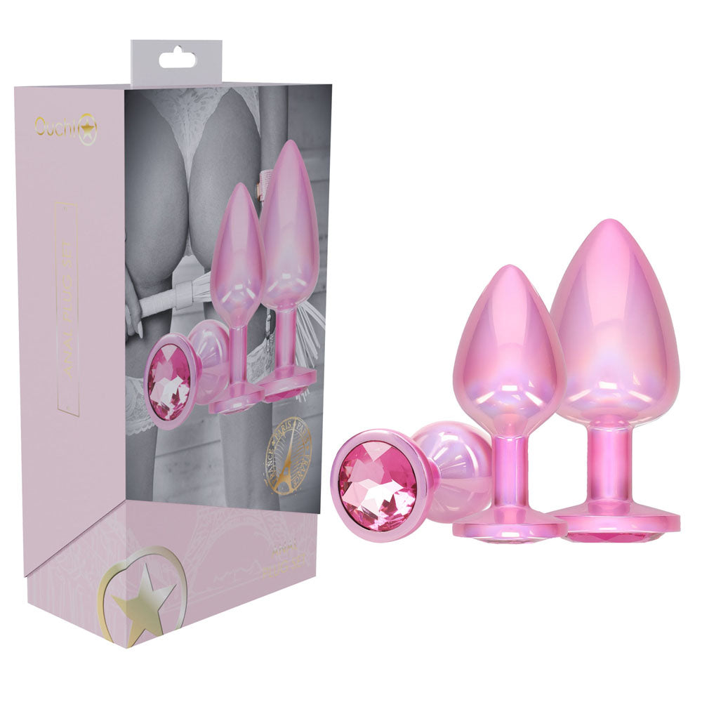 OUCH! Paris Collection - Metal Anal Plug Set - Metallic Butt Plugs with Gem Bases - Set of 3 Sizes – Pink