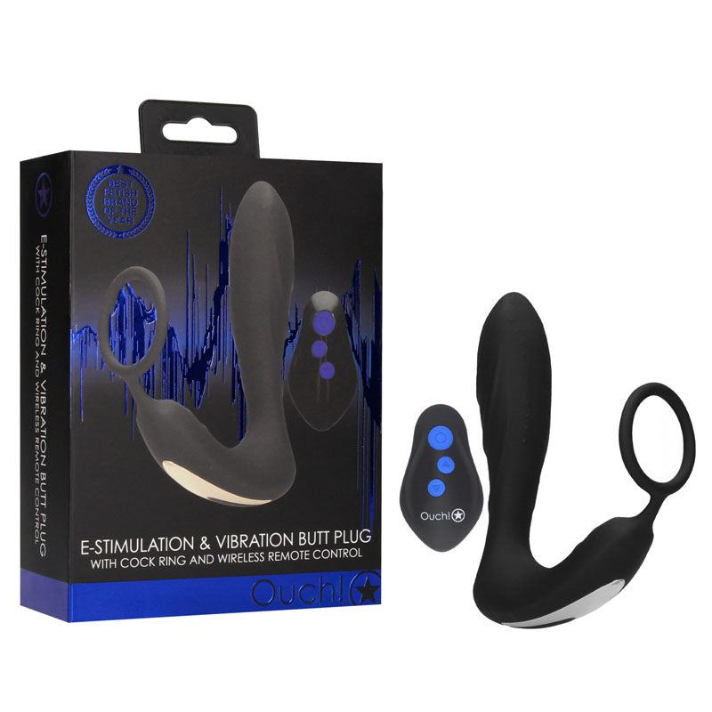 OUCH! E-stim & Vibrating Butt Plug Cock Ring - USB Rechargeable Vibrating Butt Plug & Cock Ring with e-Stim