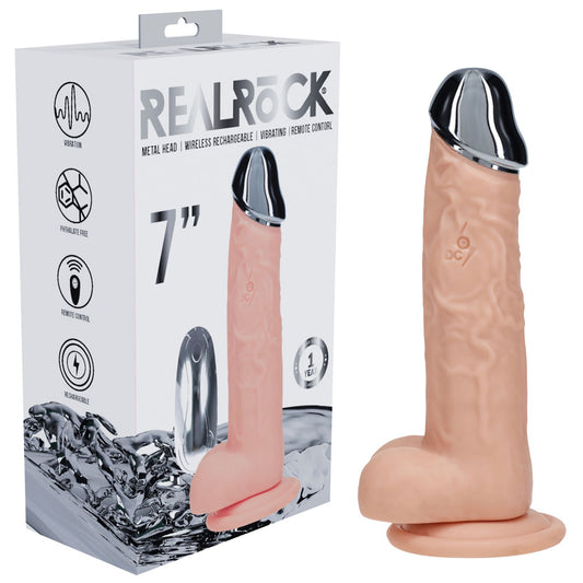 REALROCK Metal Head 7'' Rechargeable Dildo - 19 cm USB Rechargeable Vibrating Dildo with Metal Head and Wireless Remote