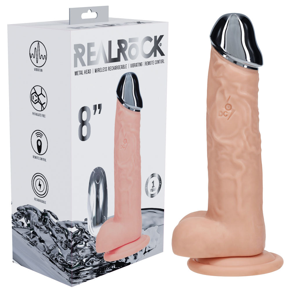 REALROCK Metal Head 8'' Rechargeable Dildo - 22 cm USB Rechargeable Vibrating Dildo with Metal Head and Wireless Remote