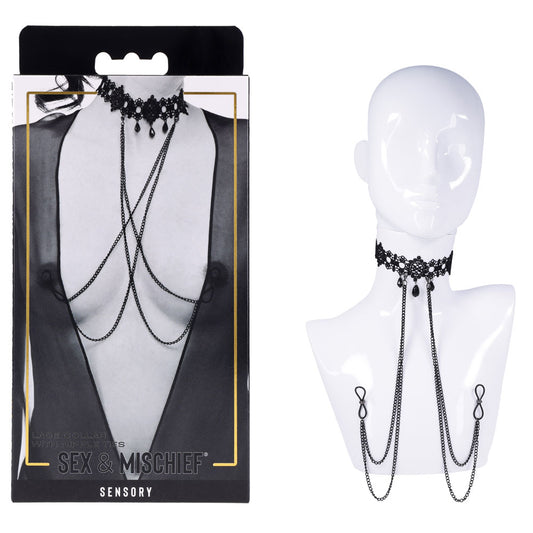 Sex & Mischief Lace Collar with Nipple Ties - Neck and Nipple Restraints