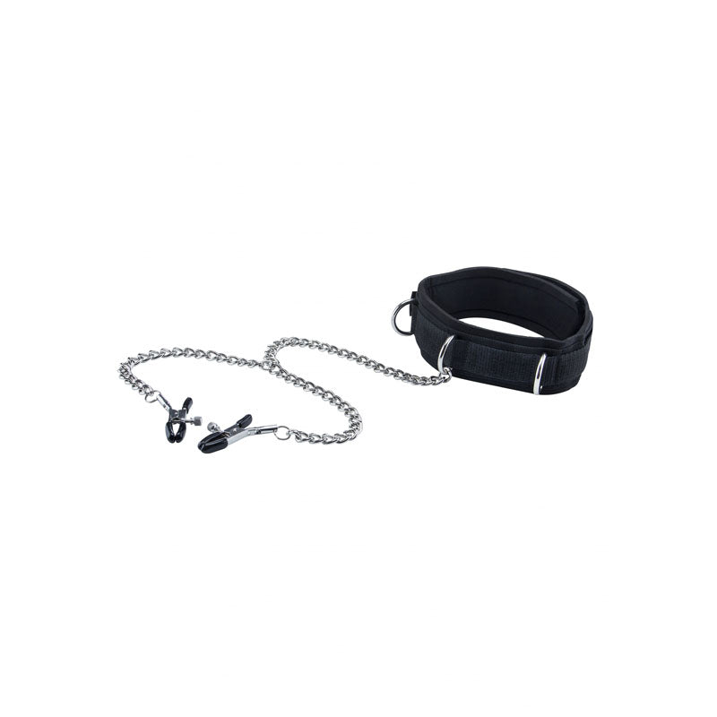 OUCH! & White Velcro Collar With Nipple Clamps - with Adjustable Straps
