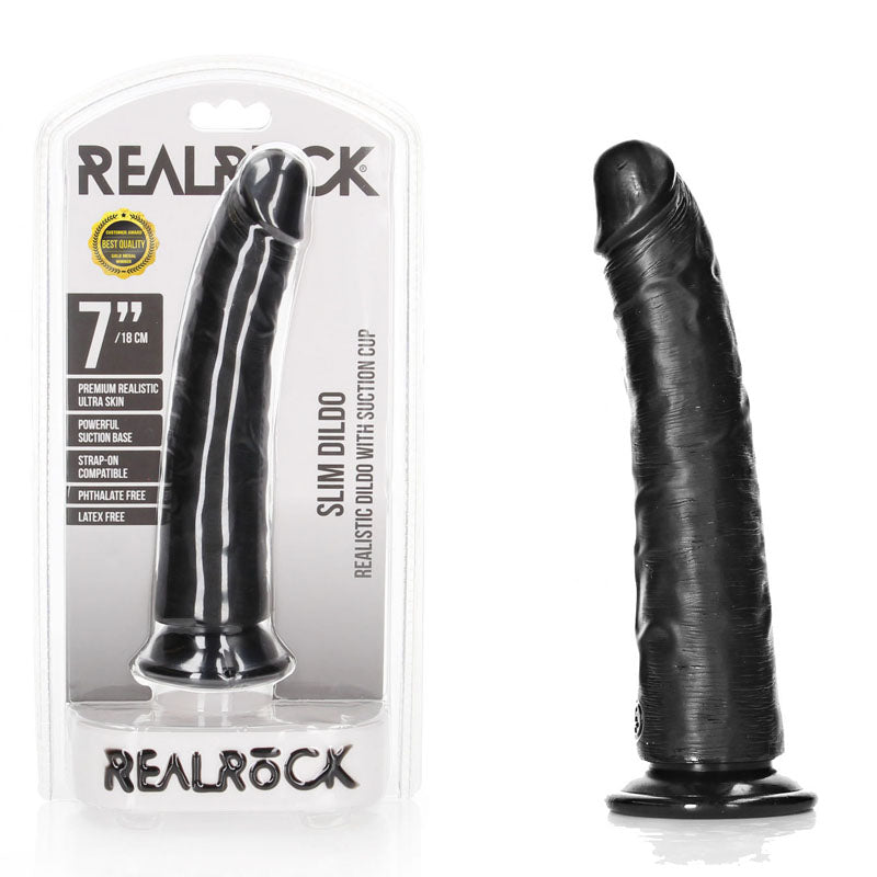 REALROCK Realistic Slim Dildo with Suction Cup - 18cm – Black