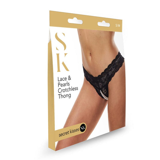 Secret Kisses Lace & Pearls Crotchless Thong